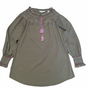 Lands End Womens Olive Green Embroidered Tunic Top Size 4 Split Neck Long Sleeve